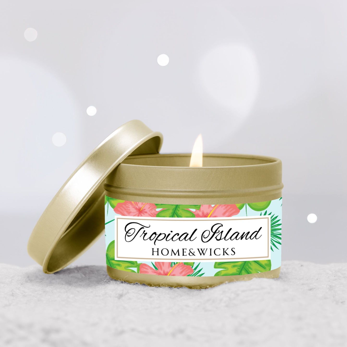 Tropical Island Coconut Soy Wax Candle, 4 oz. Gold Tin Jar with Lid - Tropical Candle, Fruit Scented Candle, Tropical Decor