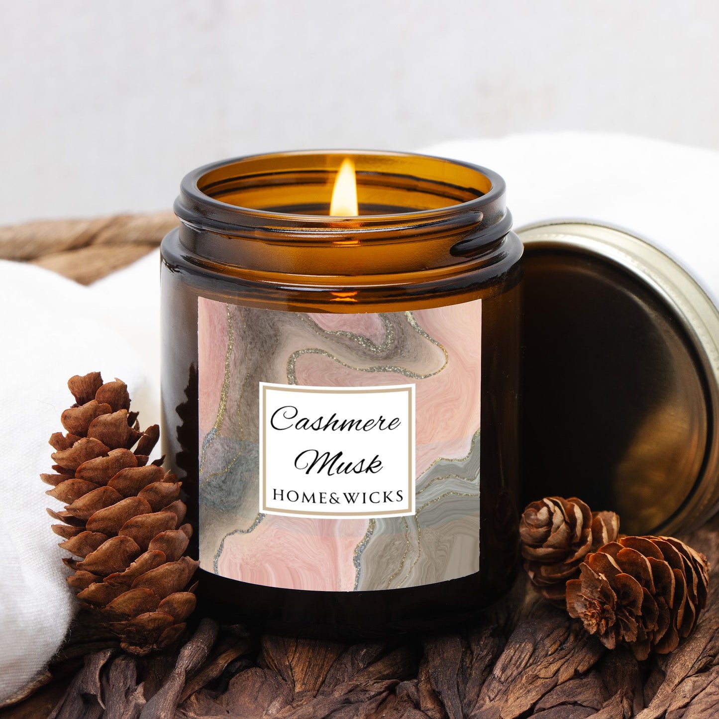Cashmere Musk Coconut Apricot Wax Candle, 4 oz Amber Jar with Gold Lid, Cotton Wick - Luxe Scented Candle, Calming Aroma, Musk Floral Candle