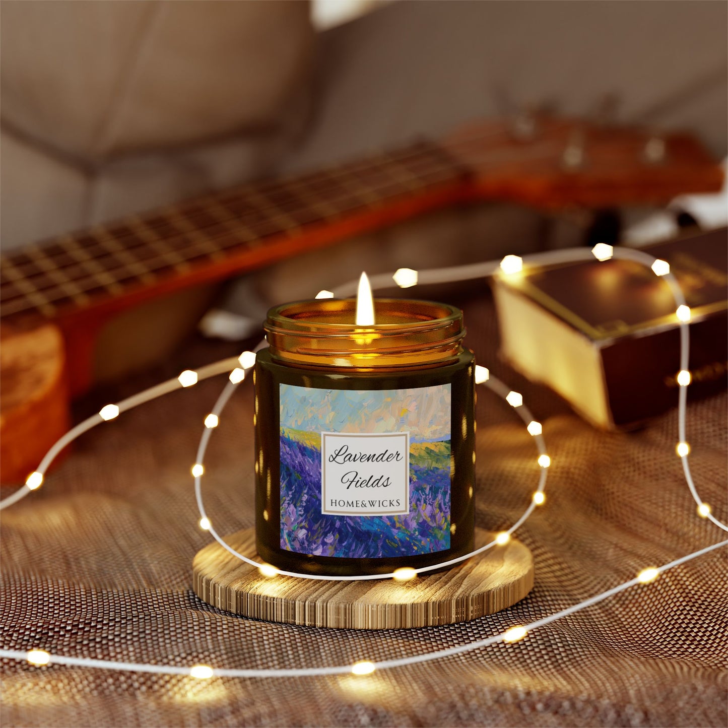 Lavender Fields Scented Coconut Apricot Wax Candle, 4 oz. Amber Jar with Gold Lid - Lavender Scented Candle, Home Decor, Spa Floral Candle