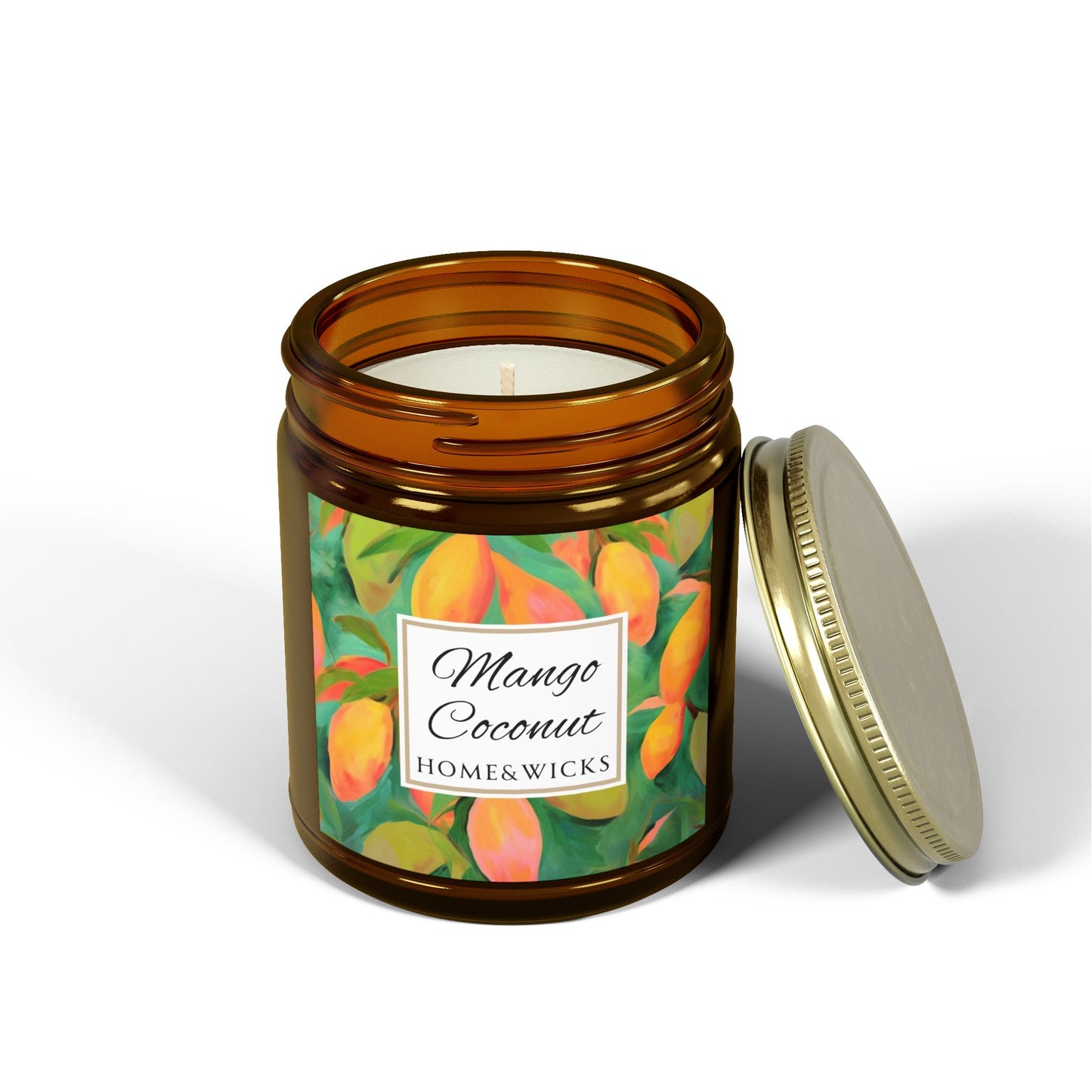 Mango Coconut Coconut Apricot Wax Candle, 9 oz. Amber Jar with Gold Lid - Fruity Candle, Gift for Her, Tropical Candle