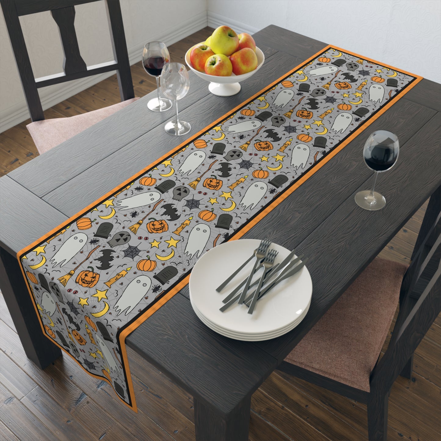 Halloween Fun Table Runner - 16" x 72" or 16" x 90" Size Options - Halloween Table Runner, Halloween Design Table Setting, Halloween Party Decor - Cotton Twill or Polyester choices