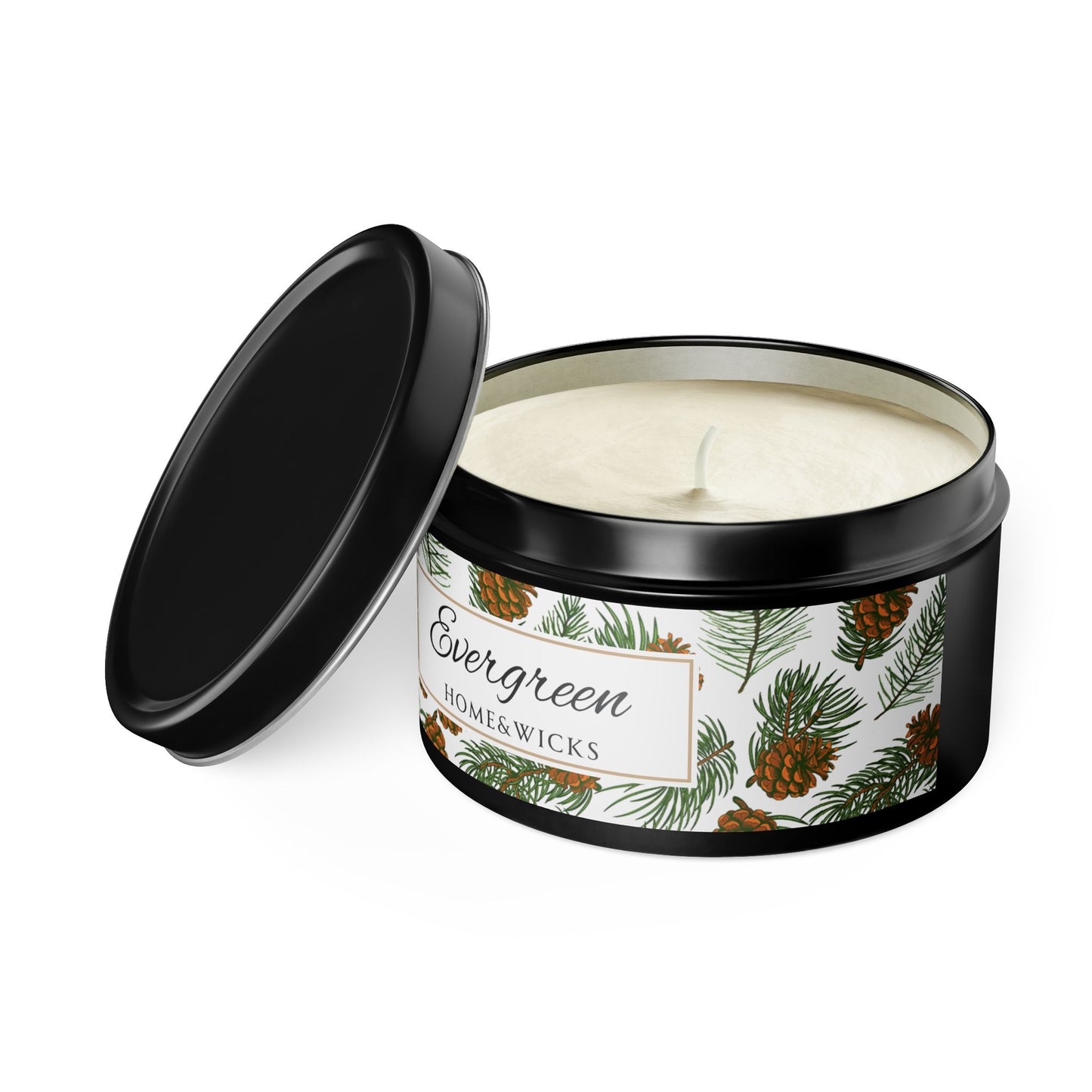 Evergreen Scented Coconut Soy Wax Candle, 8 oz. Black Tin Jar with Lid - Winter Home Decor, Seasonal Candles for Holiday Celebrations, Christmas Candle