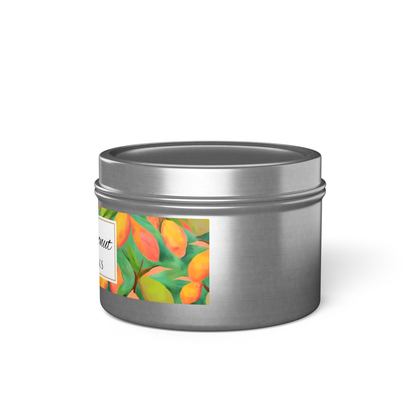 Mango Coconut Scented Coconut Soy Wax Candle, 4 oz. Silver Tin Jar with Lid - Fruity Candle, Gift for Her, Tropical Candle, Summer Decor