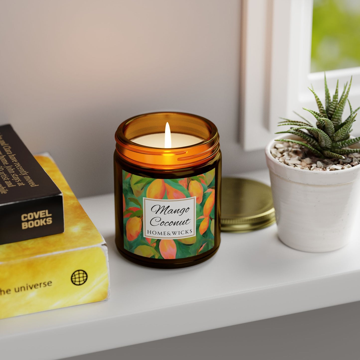 Mango Coconut Coconut Apricot Wax Candle, 9 oz. Amber Jar with Gold Lid - Fruity Candle, Gift for Her, Tropical Candle