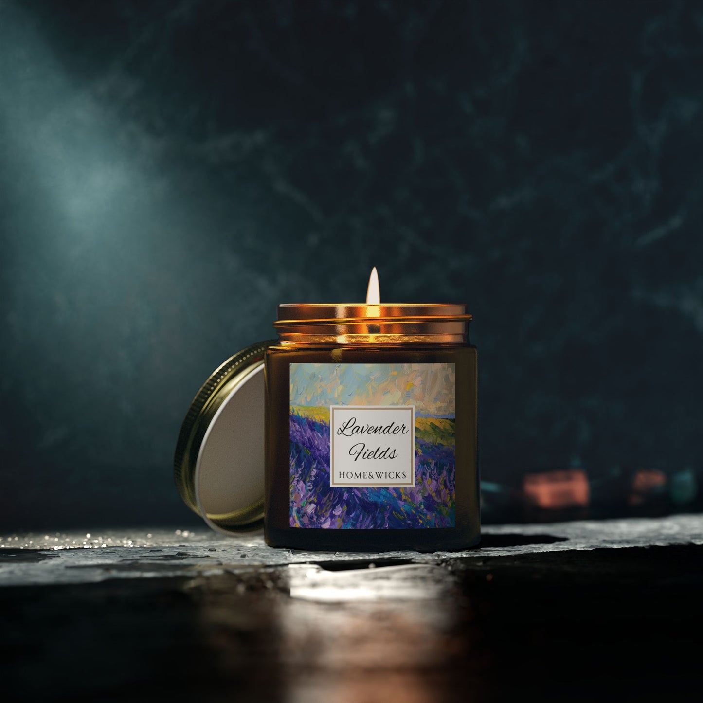 Lavender Fields Scented Coconut Apricot Wax Candle, 4 oz. Amber Jar with Gold Lid - Lavender Scented Candle, Home Decor, Spa Floral Candle
