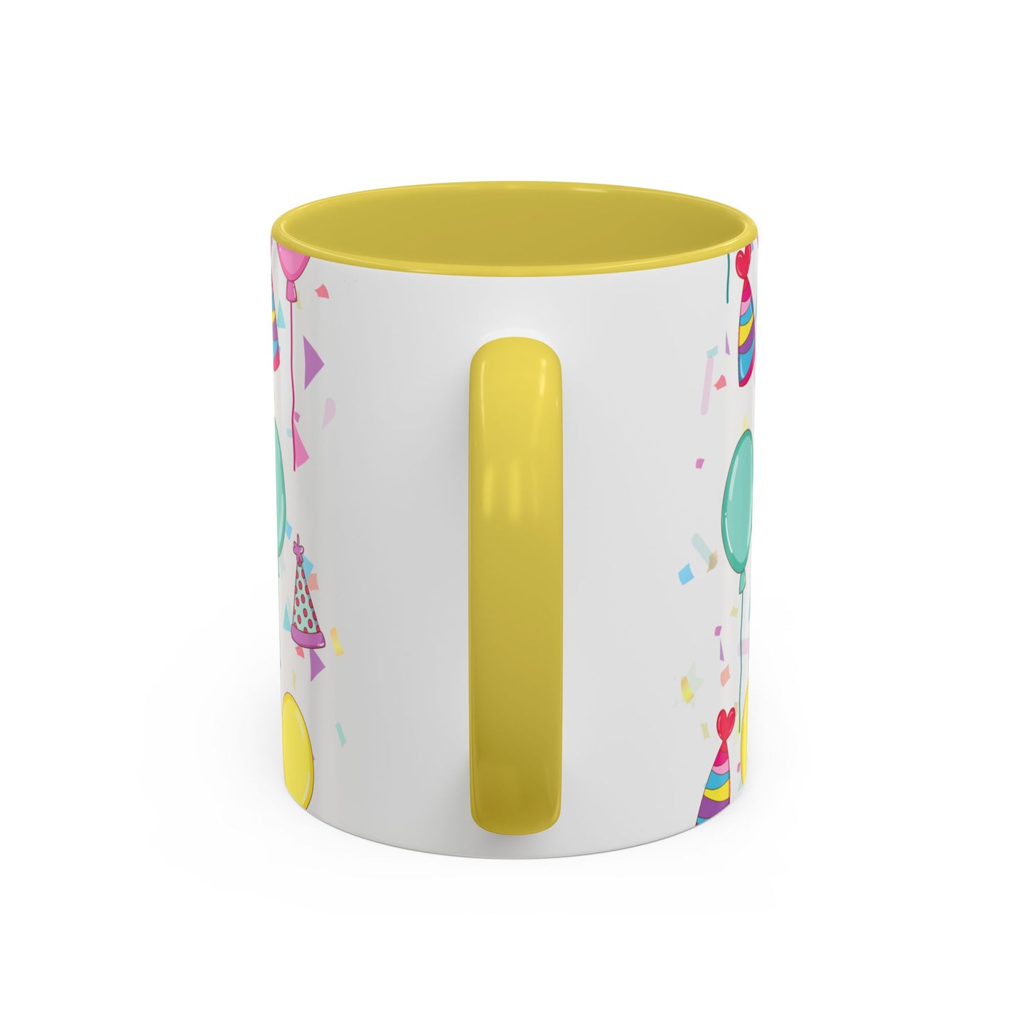 Happy Birthday mug with yellow accent color with birthday hats, confetti and balloons pattern on a white background