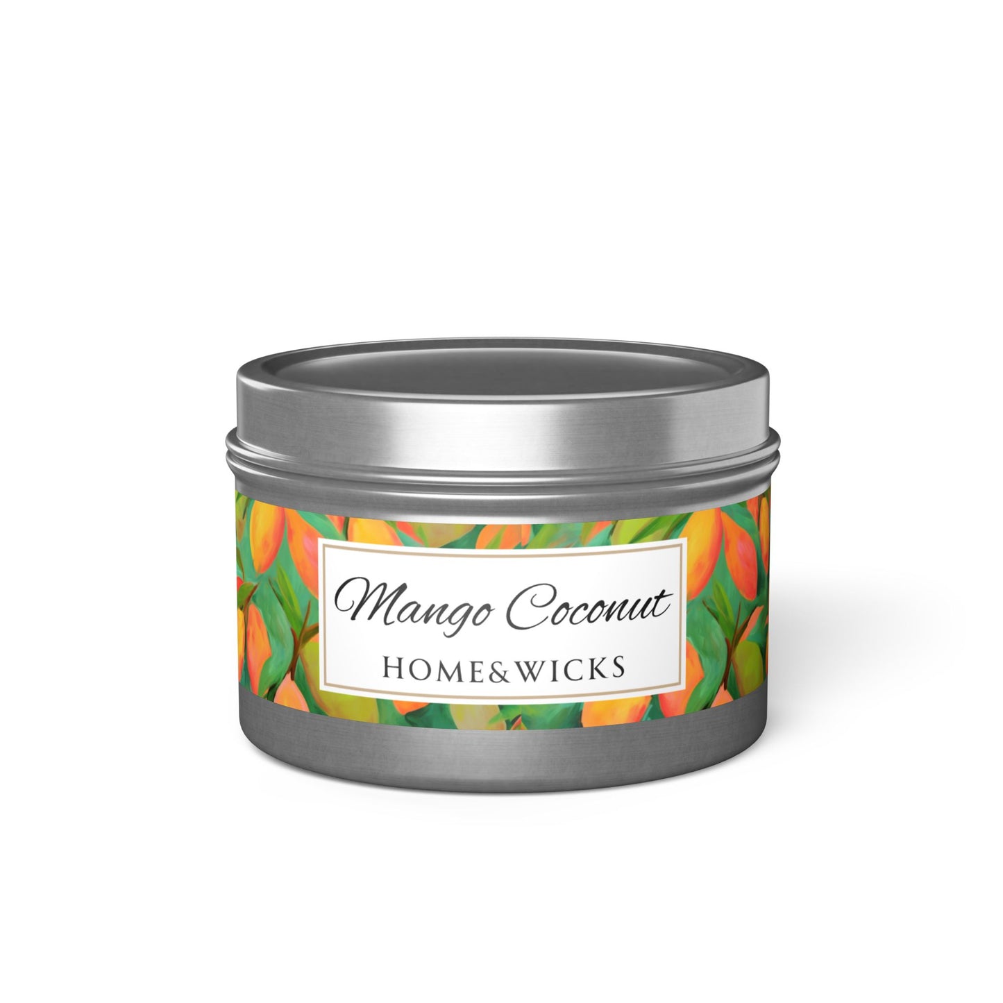 Mango Coconut Scented Coconut Soy Wax Candle, 4 oz. Silver Tin Jar with Lid - Fruity Candle, Gift for Her, Tropical Candle, Summer Decor