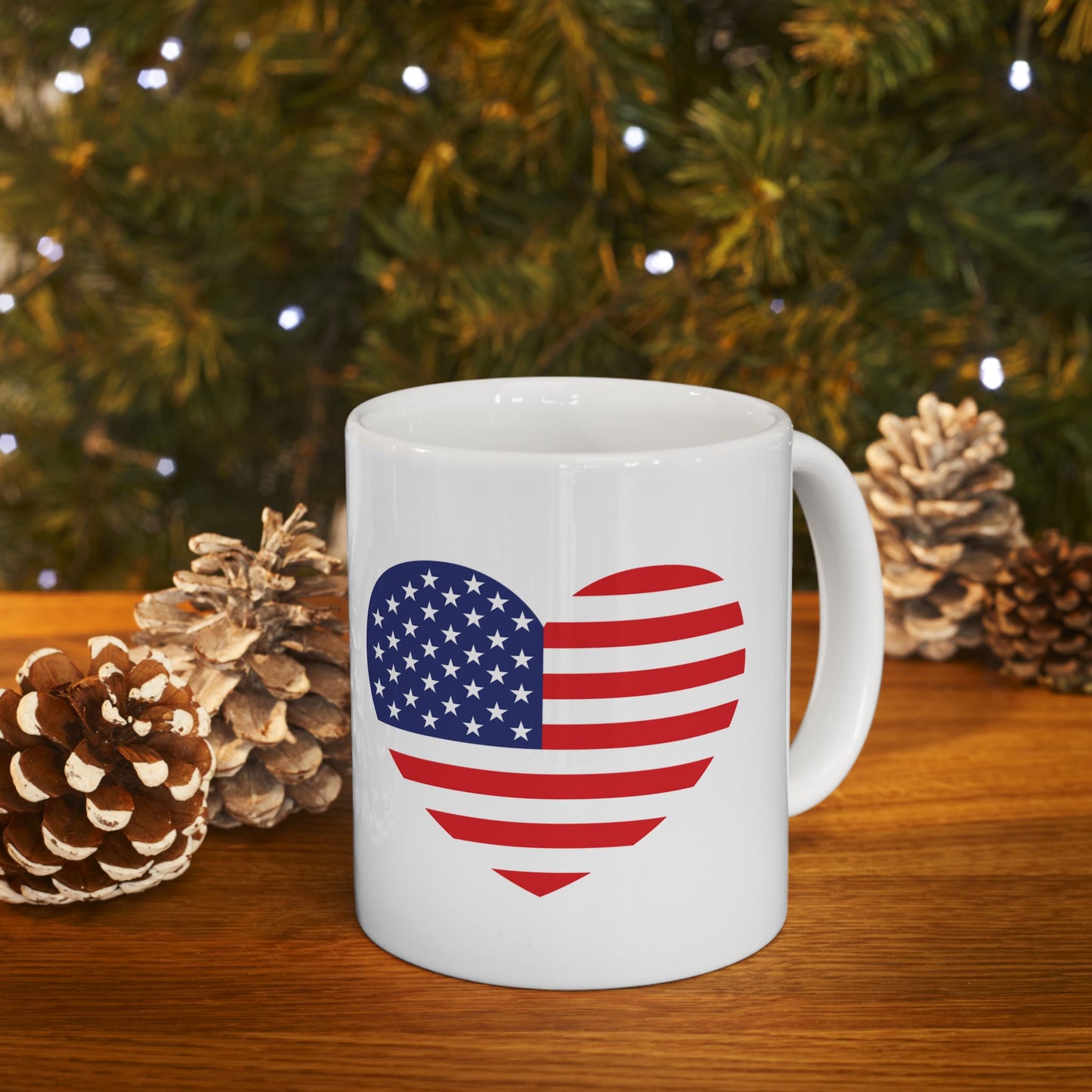 American Flag Heart Mug - 11 oz. & 15 oz. size options - Patriotic Heart Ceramic Mug, Independence Day Gift, Patriotic Coffee Cup, Love USA Drinkware