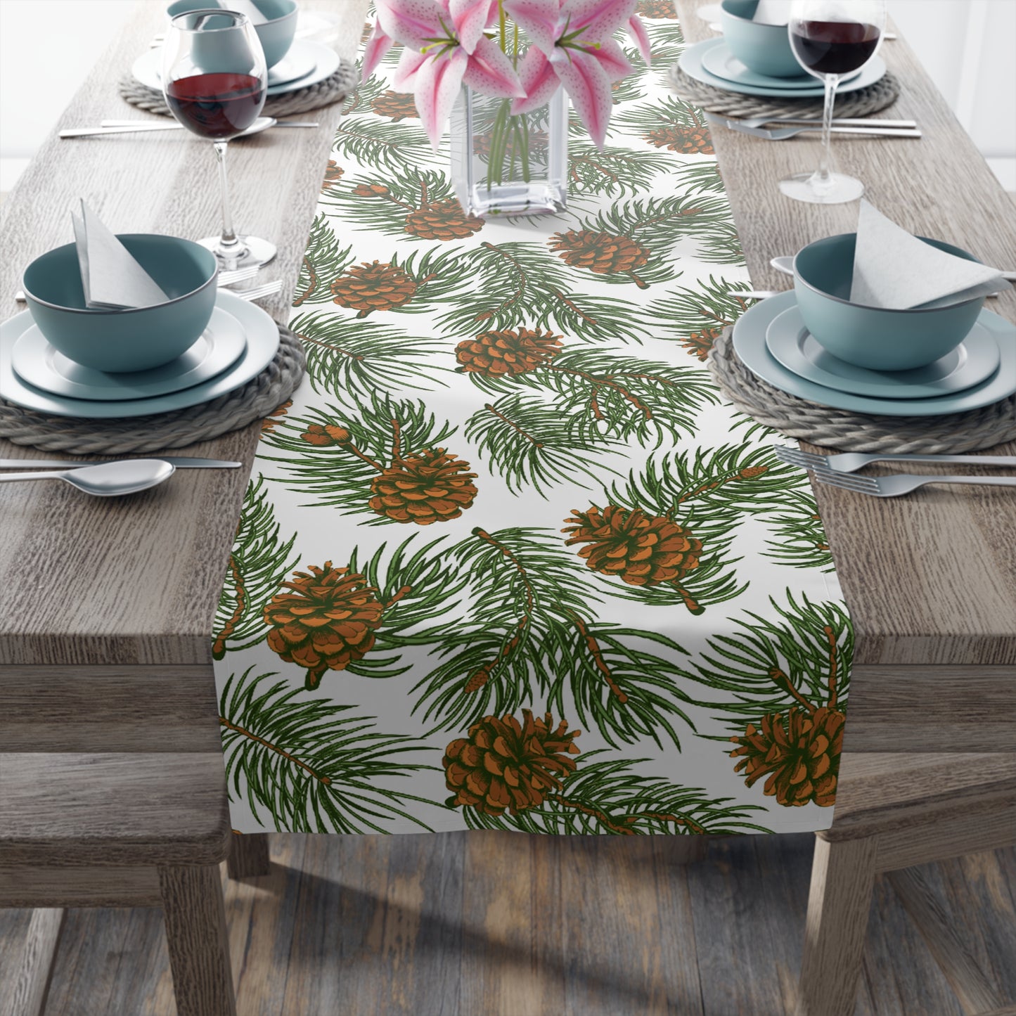 Needles & Cones Table Runner - 16" x 72" or 16" x 90" Size Options - Christmas Table Runner, Winter Table Decor, Holiday Table Runner - Cotton Twill or Polyester choices