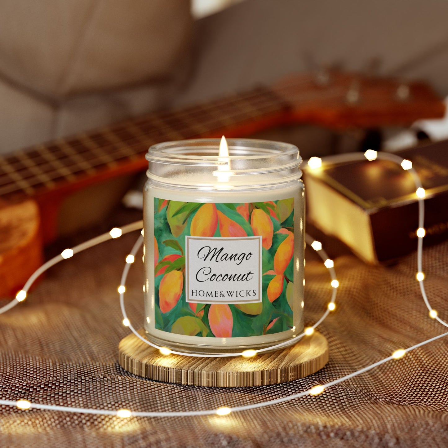 Mango Coconut Scented Coconut Apricot Wax Candle, 9 oz. Clear Jar with Gold Lid - Fruity Candle, Gift for Her, Tropical Candle