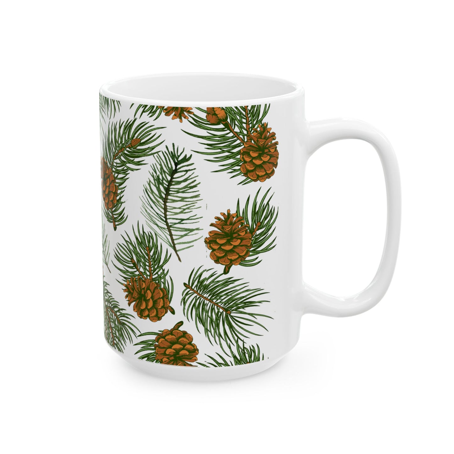 Needles & Cones Ceramic Mug - 11 oz. & 15 oz. options, Christmas Coffee Cup, Holiday Gift, Christmas Mug