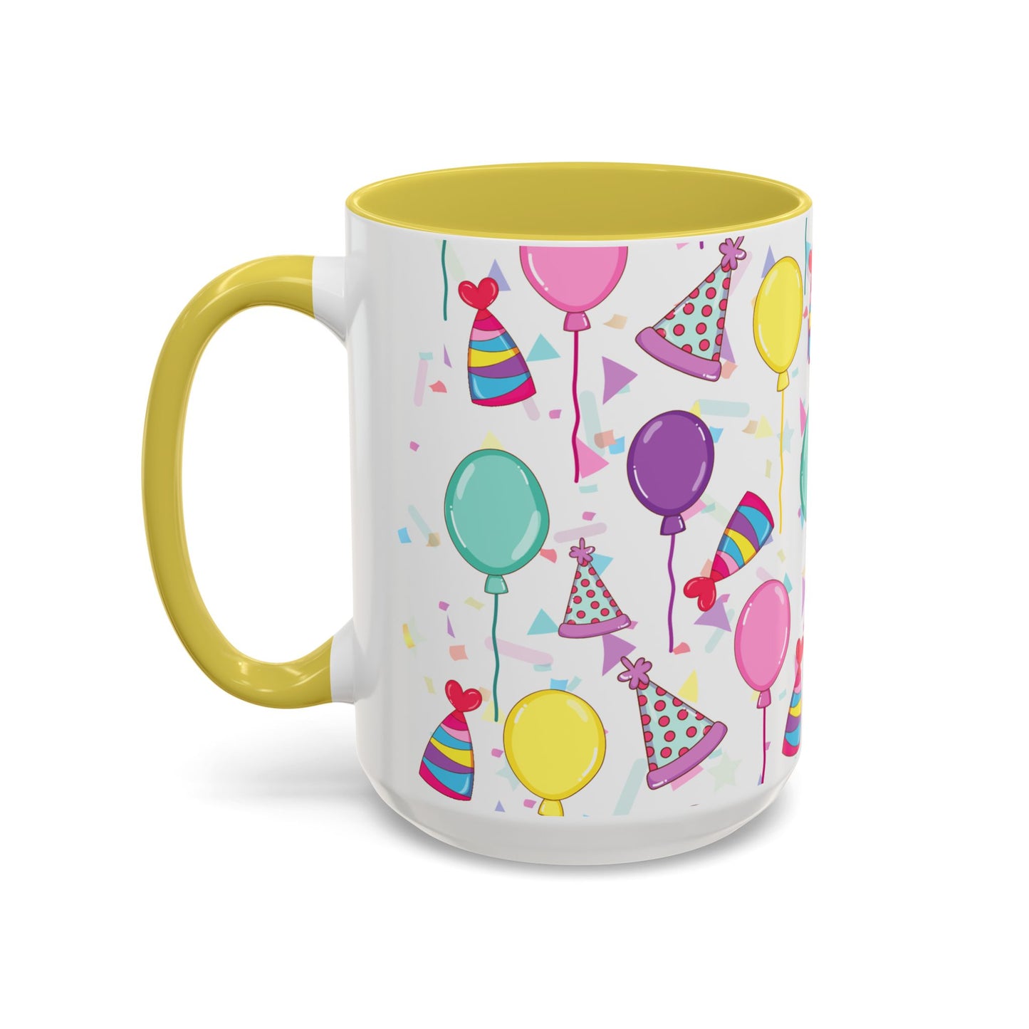 Happy Birthday mug with yellow accent color with birthday hats, confetti and balloons pattern on a white background