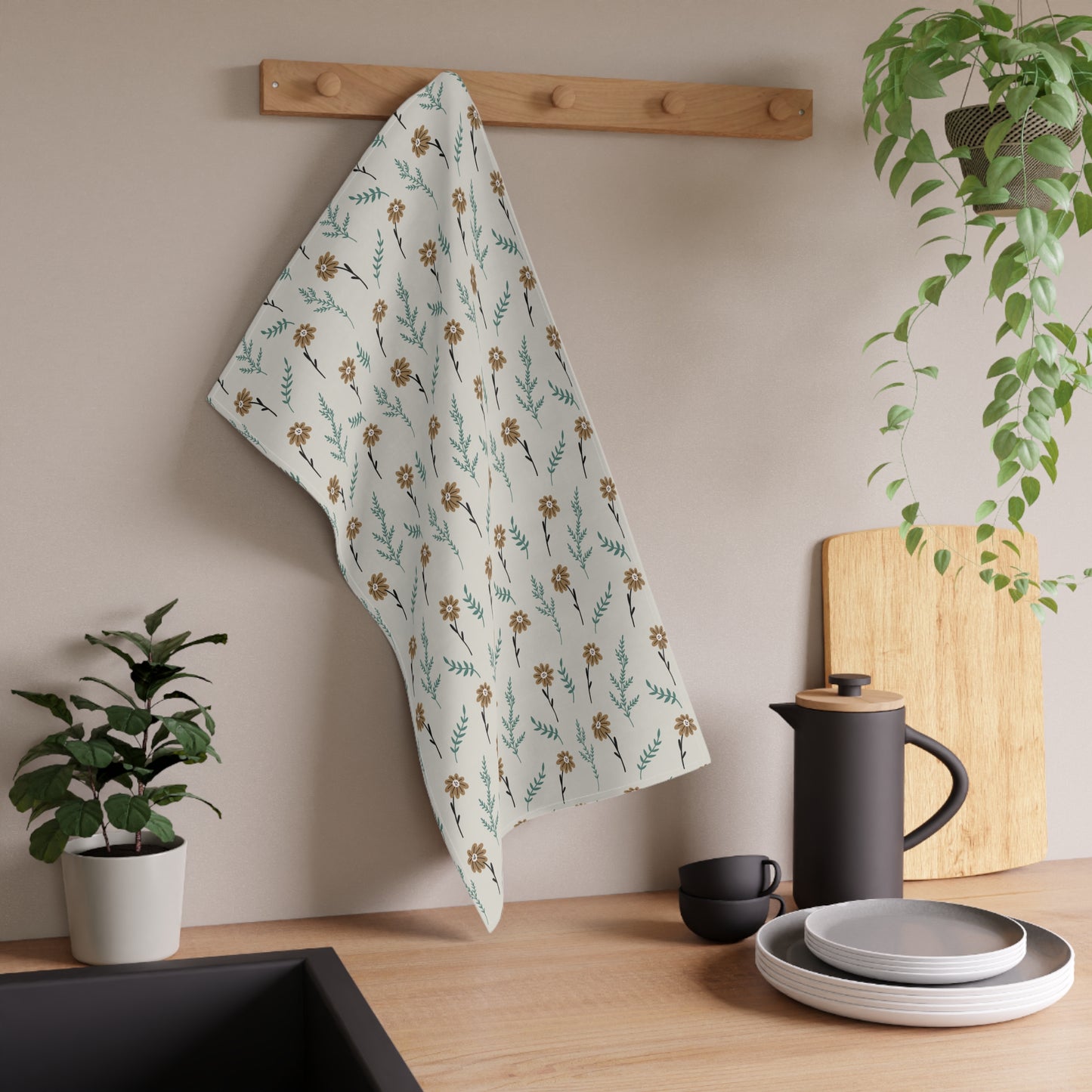Chamomile Brown Tea Towels - 18" x 30", 100% Cotton - Brown Gray Kitchen Towels, Cotton Kitchen Towels, Floral Tea Towels, Gift for Housewarming, Farmhouse Style - Priced per towel