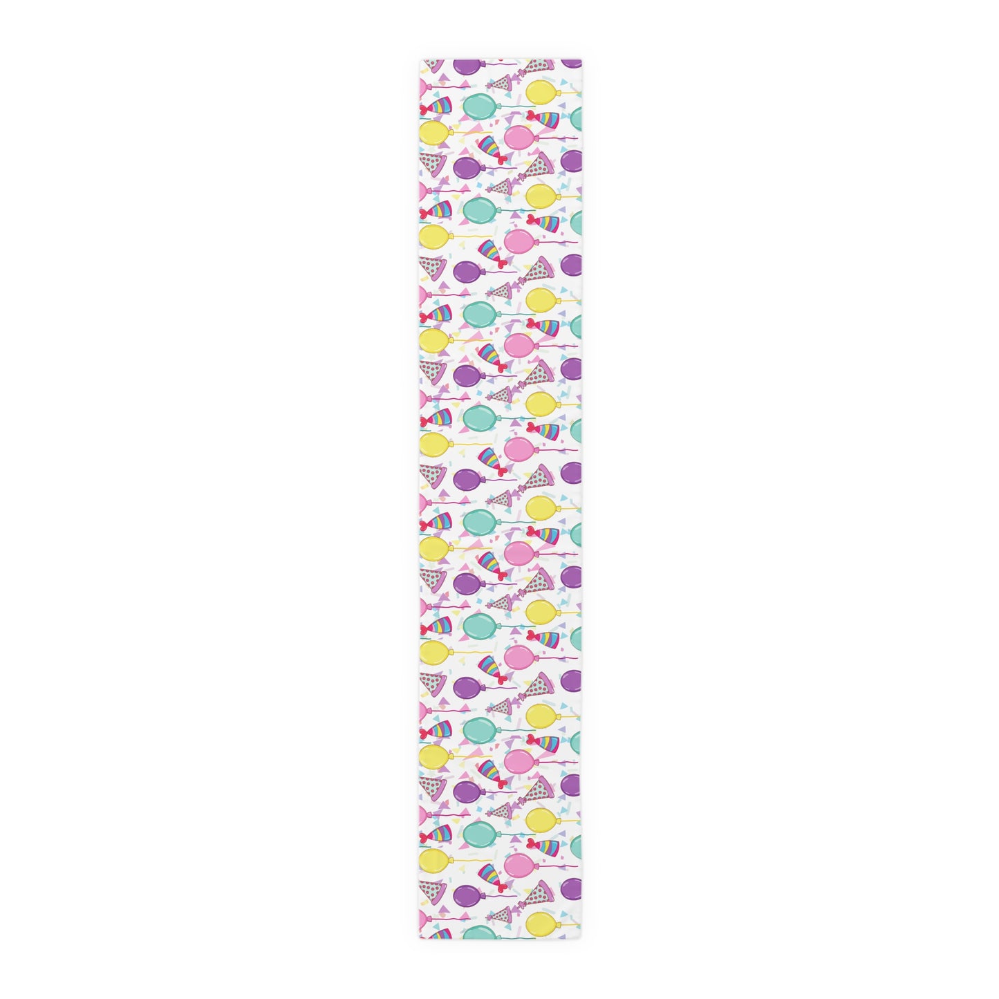 Table runner with birthday hats, confetti and purple, yellow, blue and pink balloons on a white background