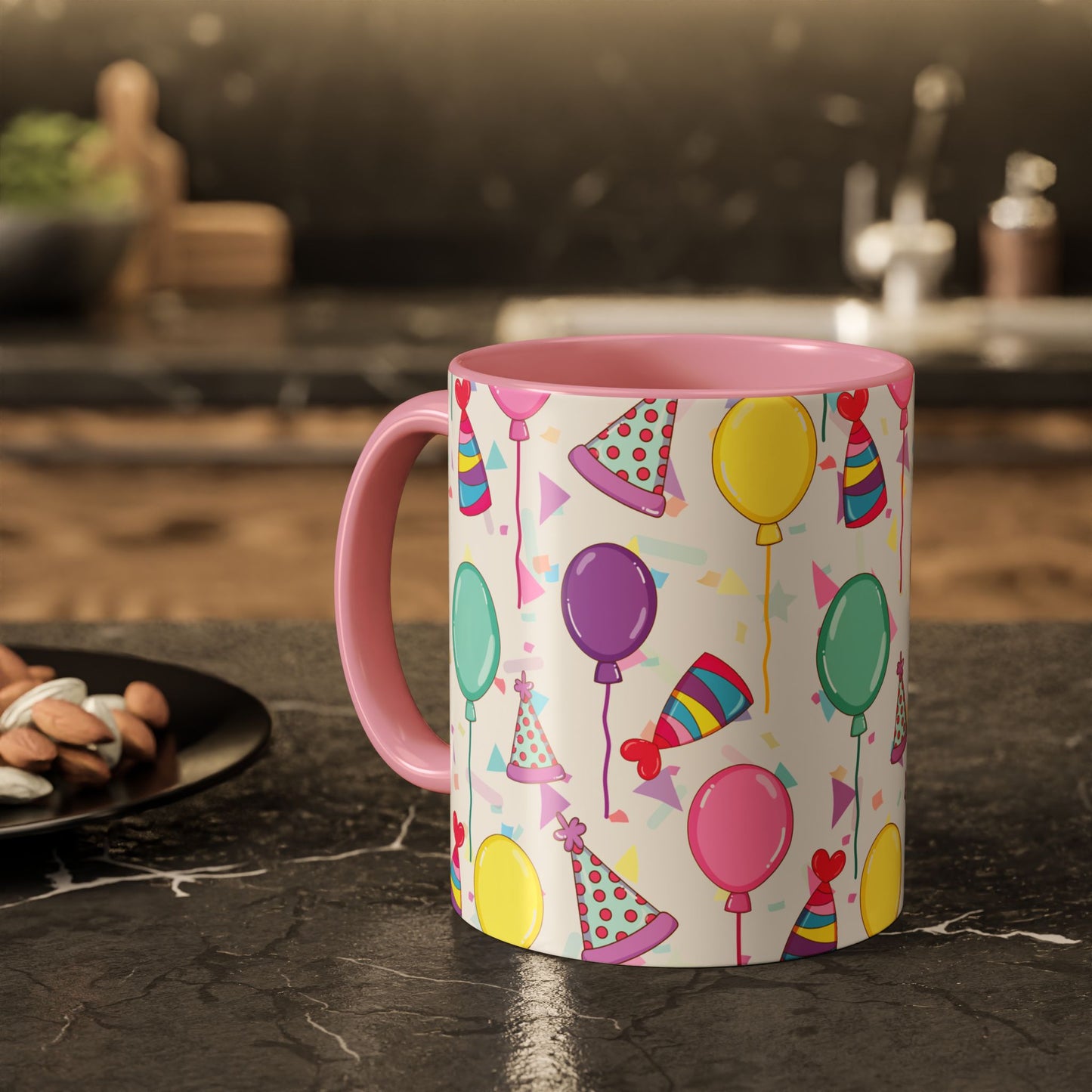 Happy Birthday mug with pink accent color with birthday hats, confetti and balloons pattern on a white background on a dark table