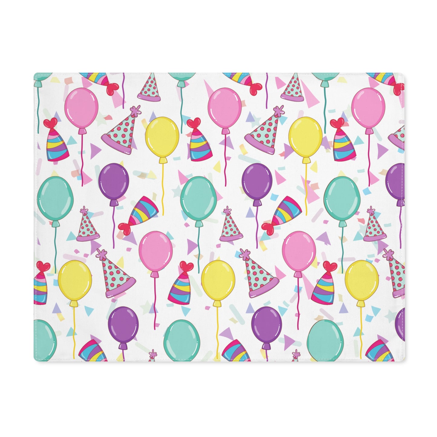 Happy Birthday 18” x 14” placemat with birthday hats, confetti and balloons pattern with a white background
