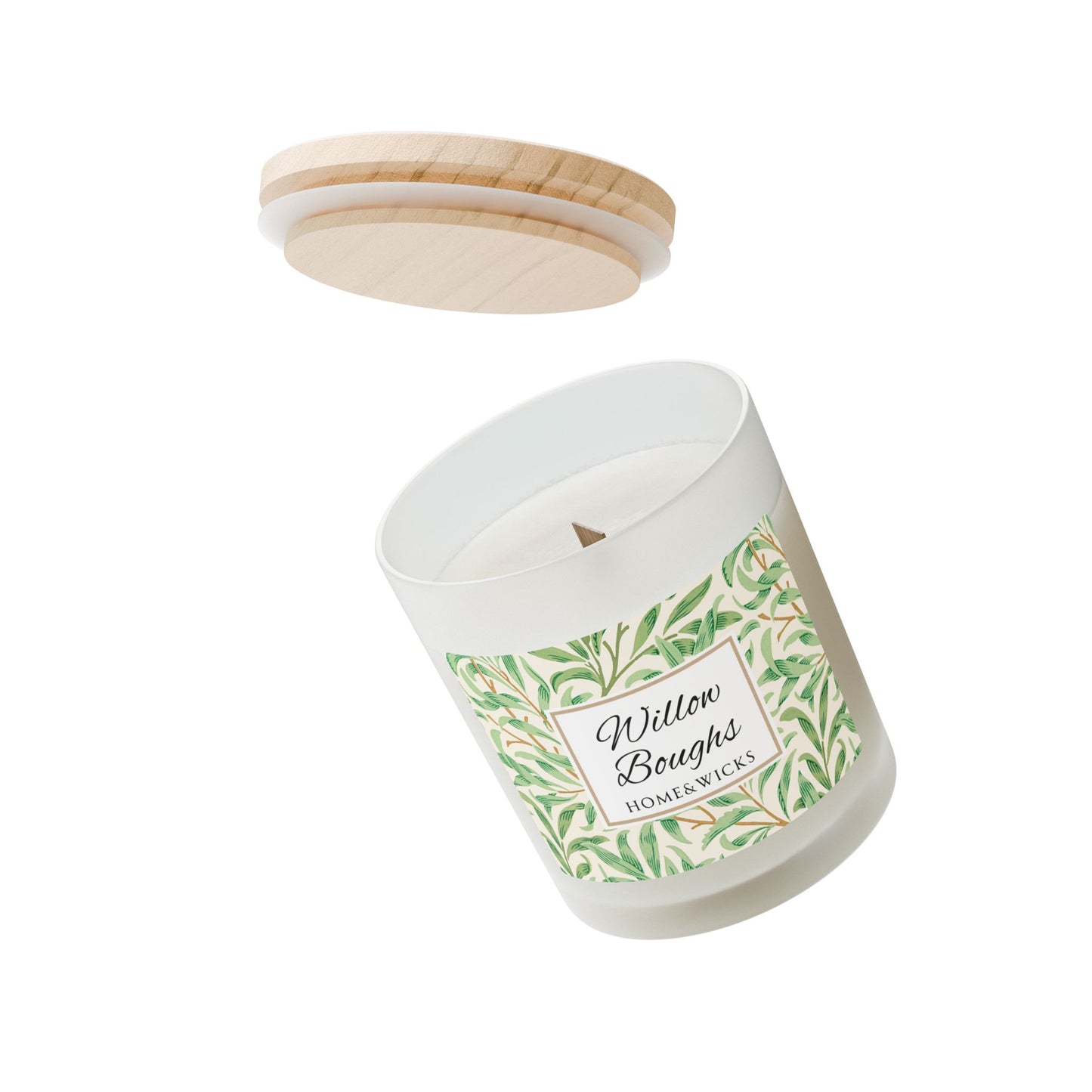 Willow Boughs Scented Coconut Soy Blended Wax Candle, 11 oz. Frosted Jar with Wood Wick and Maple Wood Lid - Morris Home Decor, Willow Branch Design, Spa Day Candle, Unique Gift Idea