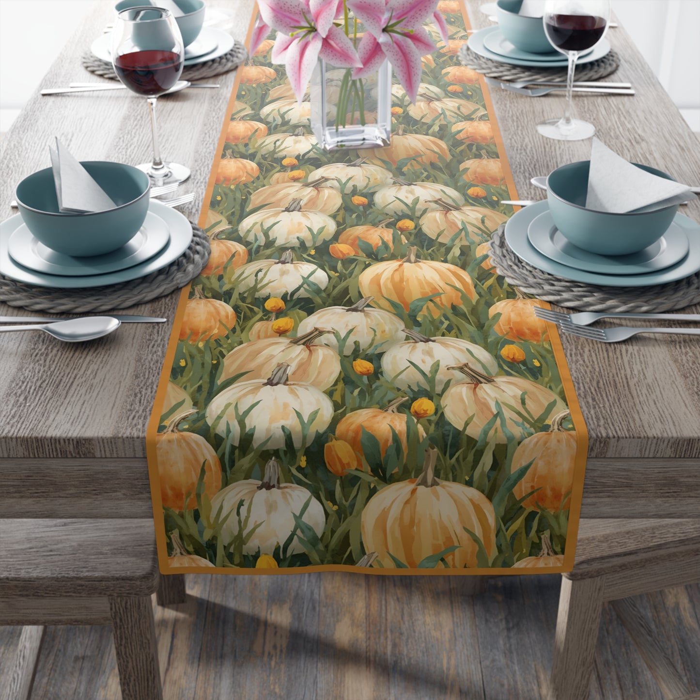 Pumpkin Patch Table Runner, 16" x 72" or 16" x 90" Sizes, Fall Table Decor, Thanksgiving Table Runner, Autumn Table Setting, Halloween Table Runner - Cotton Twill or Polyester material choices