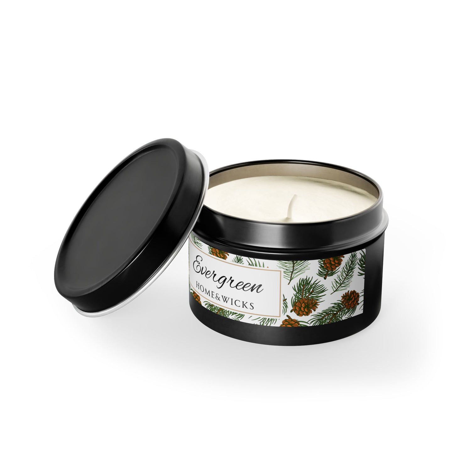 Evergreen Scented Coconut Soy Wax Candle, 4 oz. Black Tin Jar with Lid - Winter Home Decor, Seasonal Candles for Holiday Celebrations, Christmas Candle