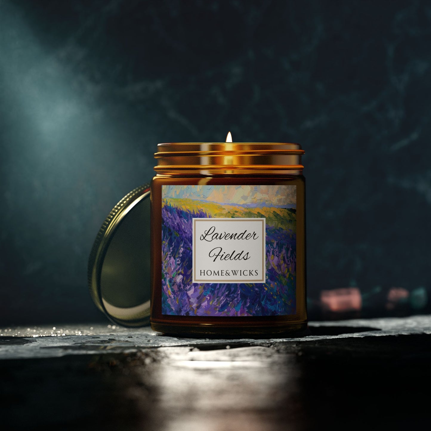 Lavender Fields Scented Coconut Apricot Wax Candle, 9 oz. Amber Jar with Gold Lid - Lavender Scented Candle, Home Decor, Spa Floral Candle