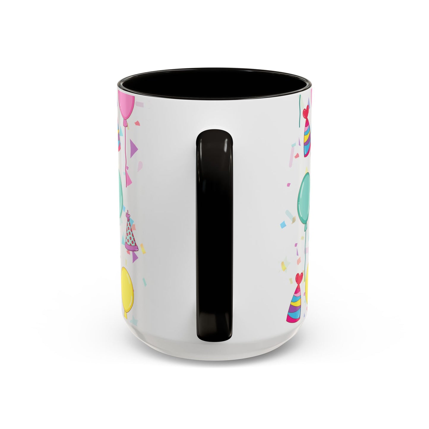 Happy Birthday mug with black accent color with birthday hats, confetti and balloons pattern on a white background