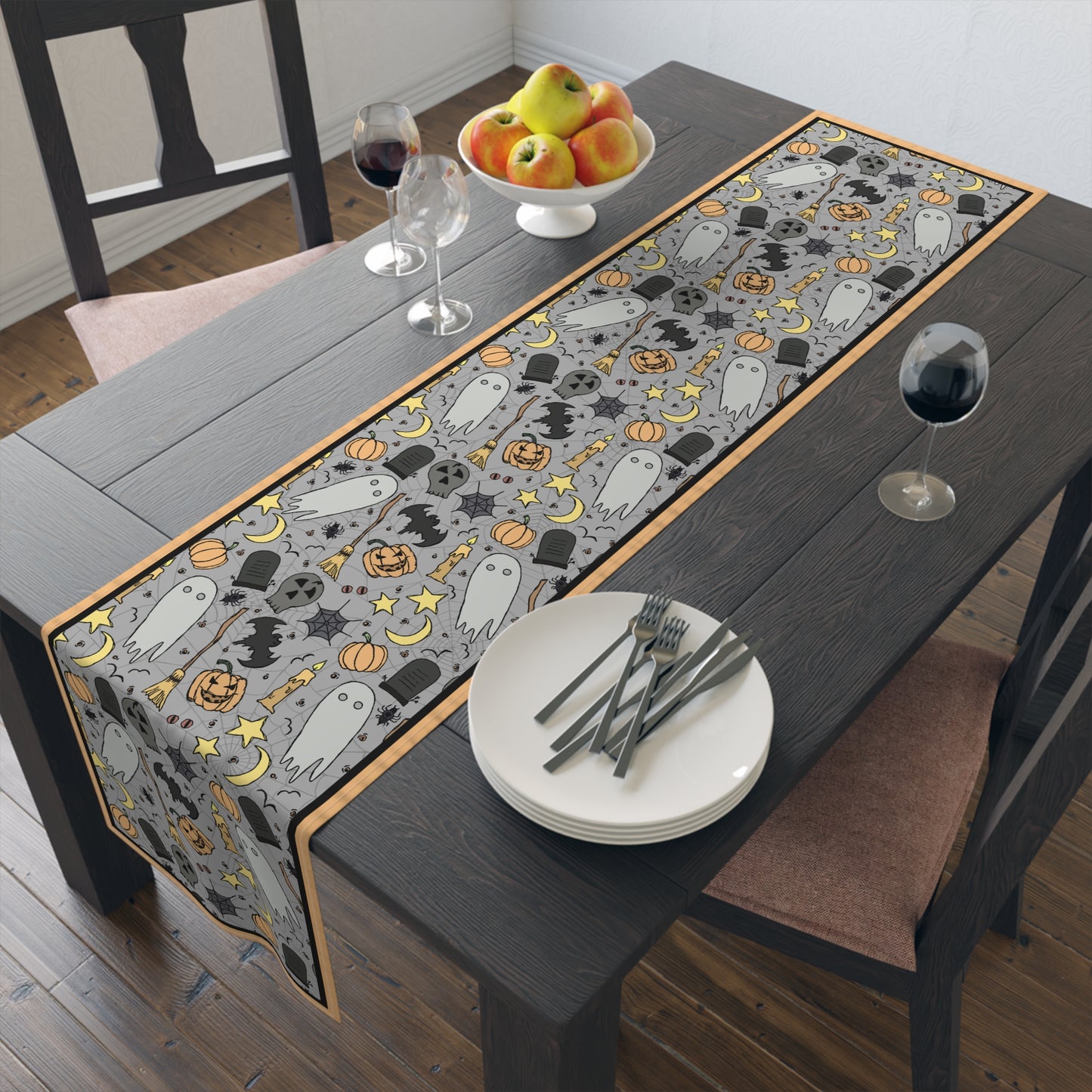 Halloween Fun Table Runner - 16" x 72" or 16" x 90" Size Options - Halloween Table Runner, Halloween Design Table Setting, Halloween Party Decor - Cotton Twill or Polyester choices