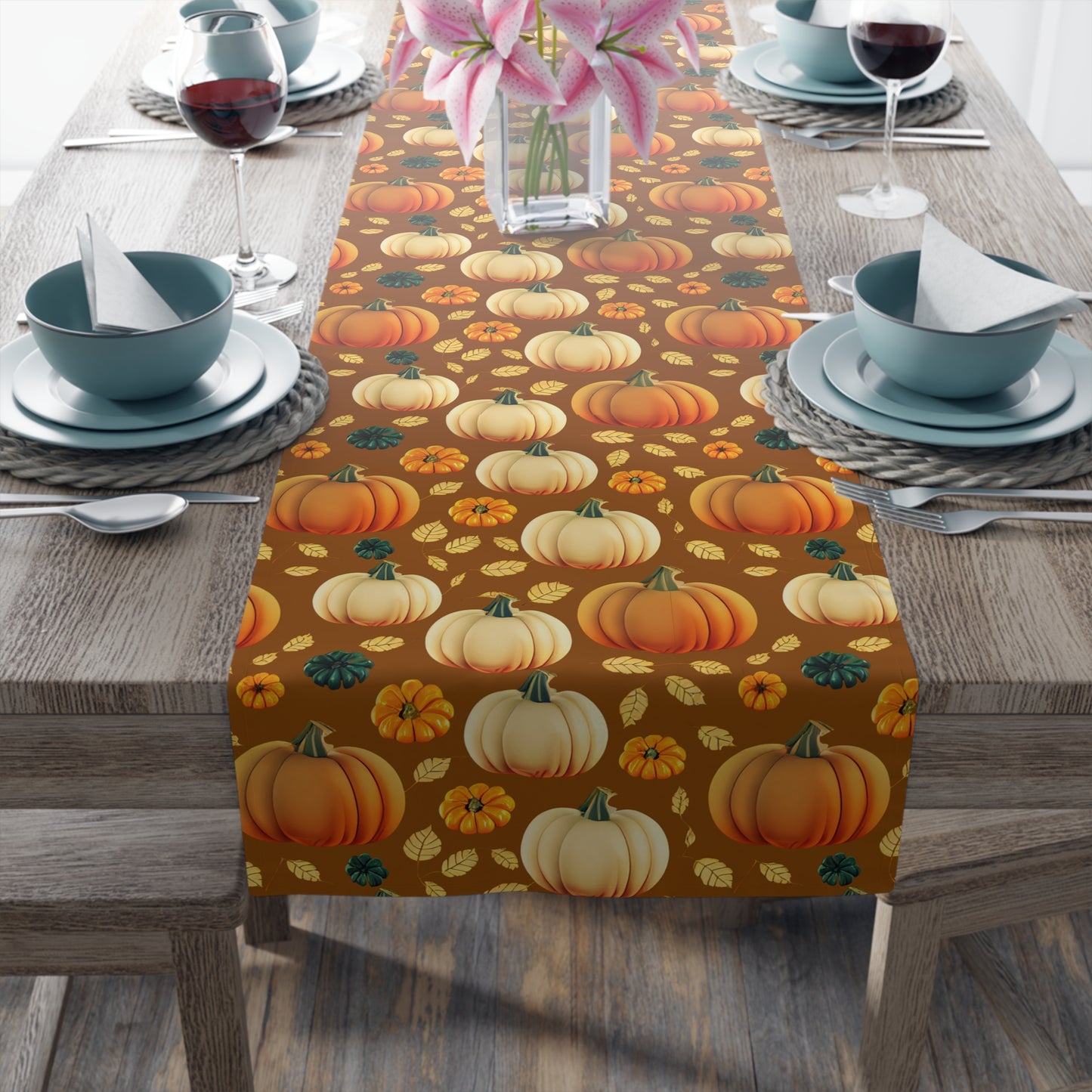 Fall Pumpkin Table Runner - 16" x 72" or 16" x 90" Size Options - Thanksgiving / Fall Table Runner, Pumpkin Thanksgiving Design Table Setting, Halloween Fall Decor - Cotton Twill or Polyester choices