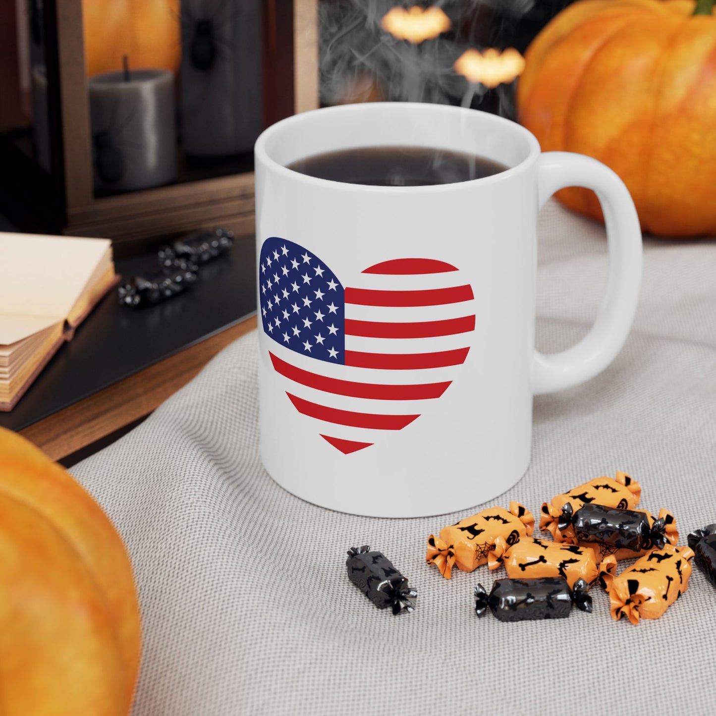 American Flag Heart Mug - 11 oz. & 15 oz. size options - Patriotic Heart Ceramic Mug, Independence Day Gift, Patriotic Coffee Cup, Love USA Drinkware