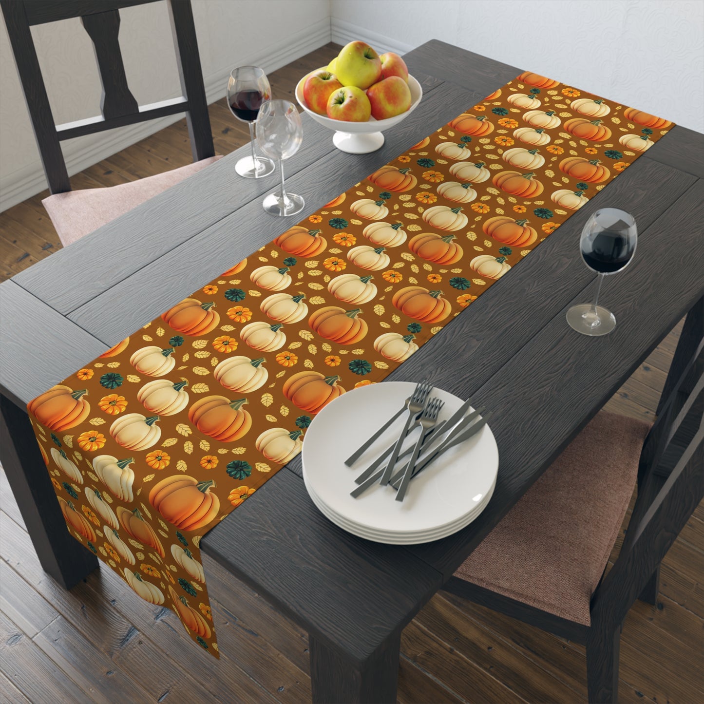 Fall Pumpkin Table Runner - 16" x 72" or 16" x 90" Size Options - Thanksgiving / Fall Table Runner, Pumpkin Thanksgiving Design Table Setting, Halloween Fall Decor - Cotton Twill or Polyester choices