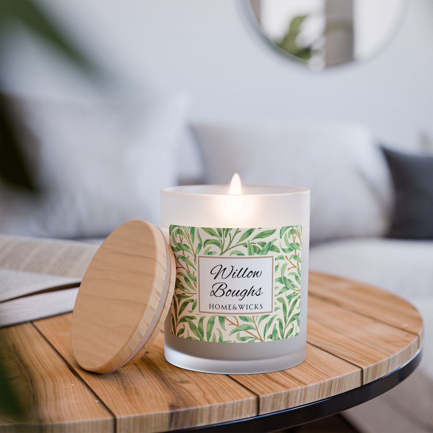 Willow Boughs Scented Coconut Soy Blended Wax Candle, 11 oz. Frosted Jar with Wood Wick and Maple Wood Lid - Morris Home Decor, Willow Branch Design, Spa Day Candle, Unique Gift Idea