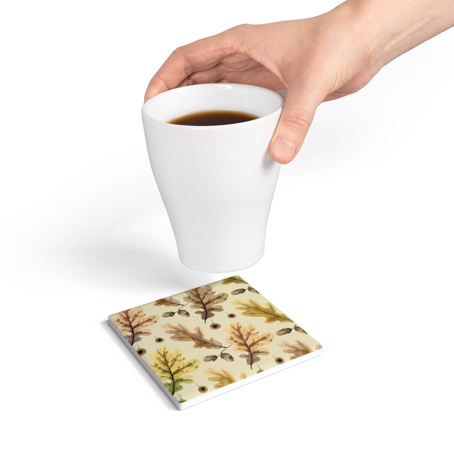 Oak Leaves - Ceramic Tile Coaster, Cork Backed - Round or Square Size Choices, Perfect for Fall / Thanksgiving Home Decor & Gifts - Priced per coaster