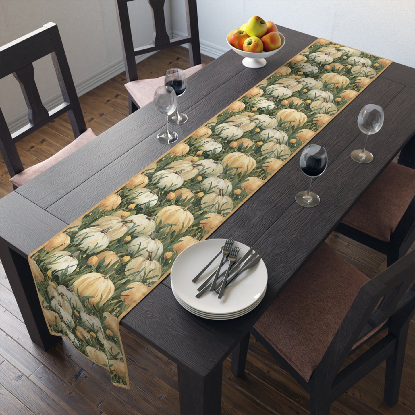 Pumpkin Patch Table Runner, 16" x 72" or 16" x 90" Sizes, Fall Table Decor, Thanksgiving Table Runner, Autumn Table Setting, Halloween Table Runner - Cotton Twill or Polyester material choices