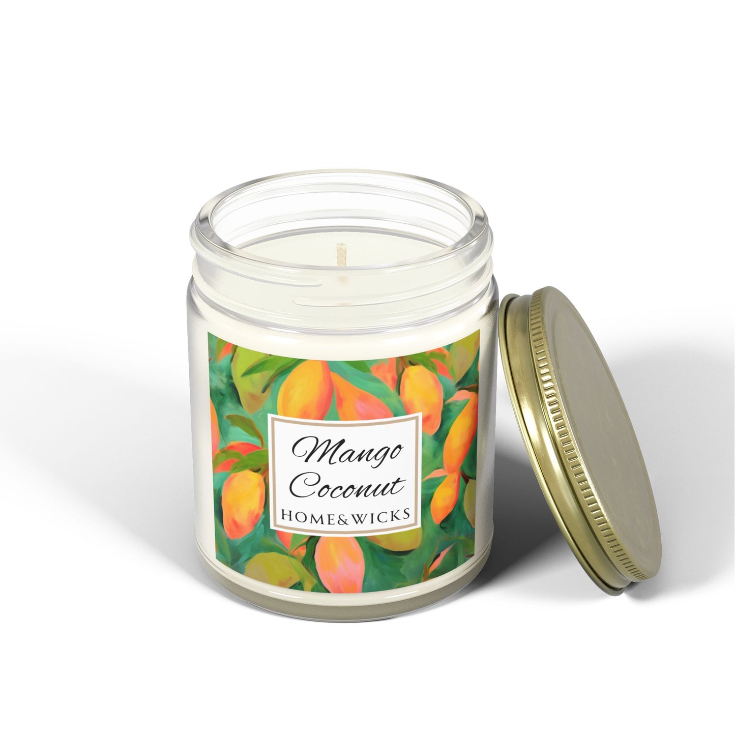 Mango Coconut Scented Coconut Apricot Wax Candle, 9 oz. Clear Jar with Gold Lid - Fruity Candle, Gift for Her, Tropical Candle