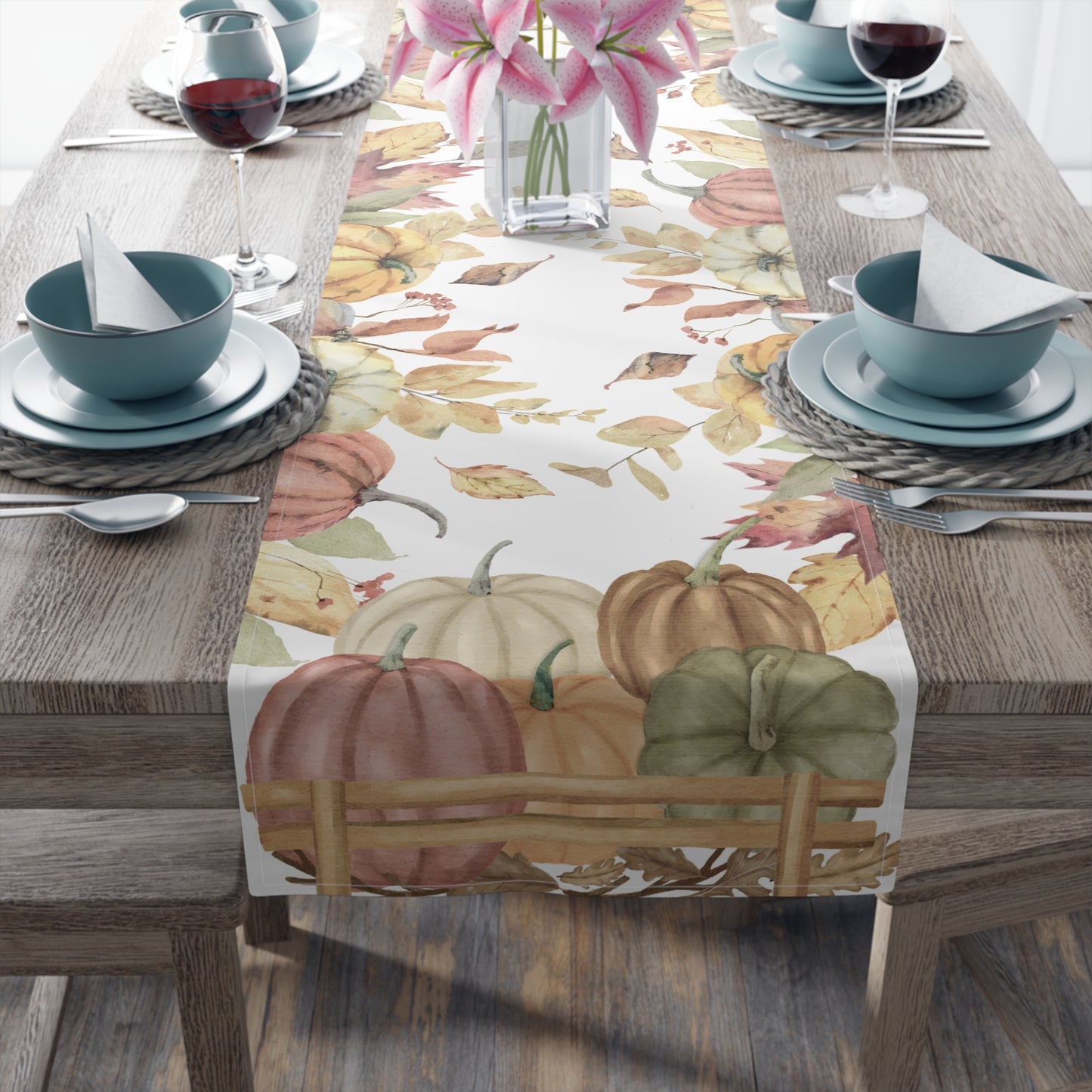 Pumpkins Table Runner - 16" x 72" or 16" x 90" Sizes, Fall Decor Table Runner, Thanksgiving Table Runner, Halloween Table Runner, Fall Home Decor - Cotton Twill or Polyester material choices