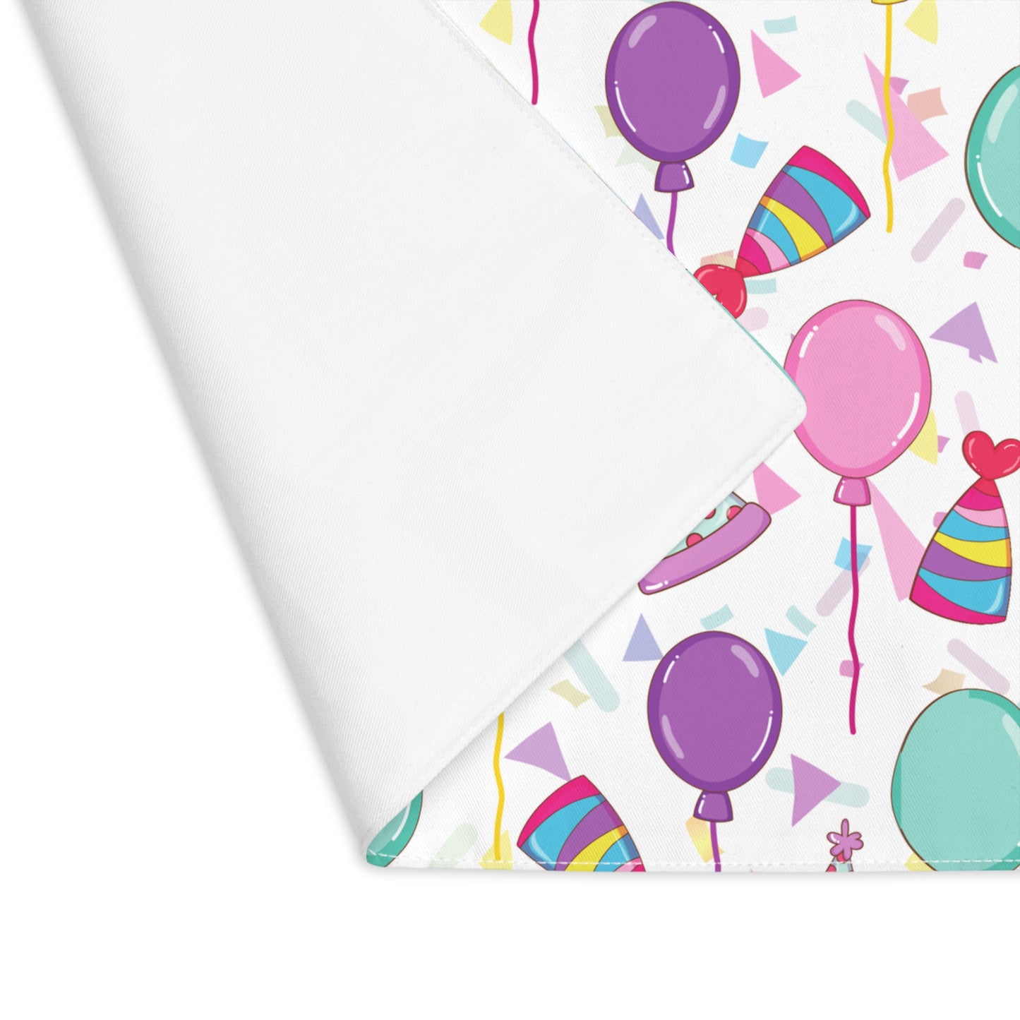 Happy Birthday 18” x 14” placemat with birthday hats, confetti and balloons pattern with a white background
