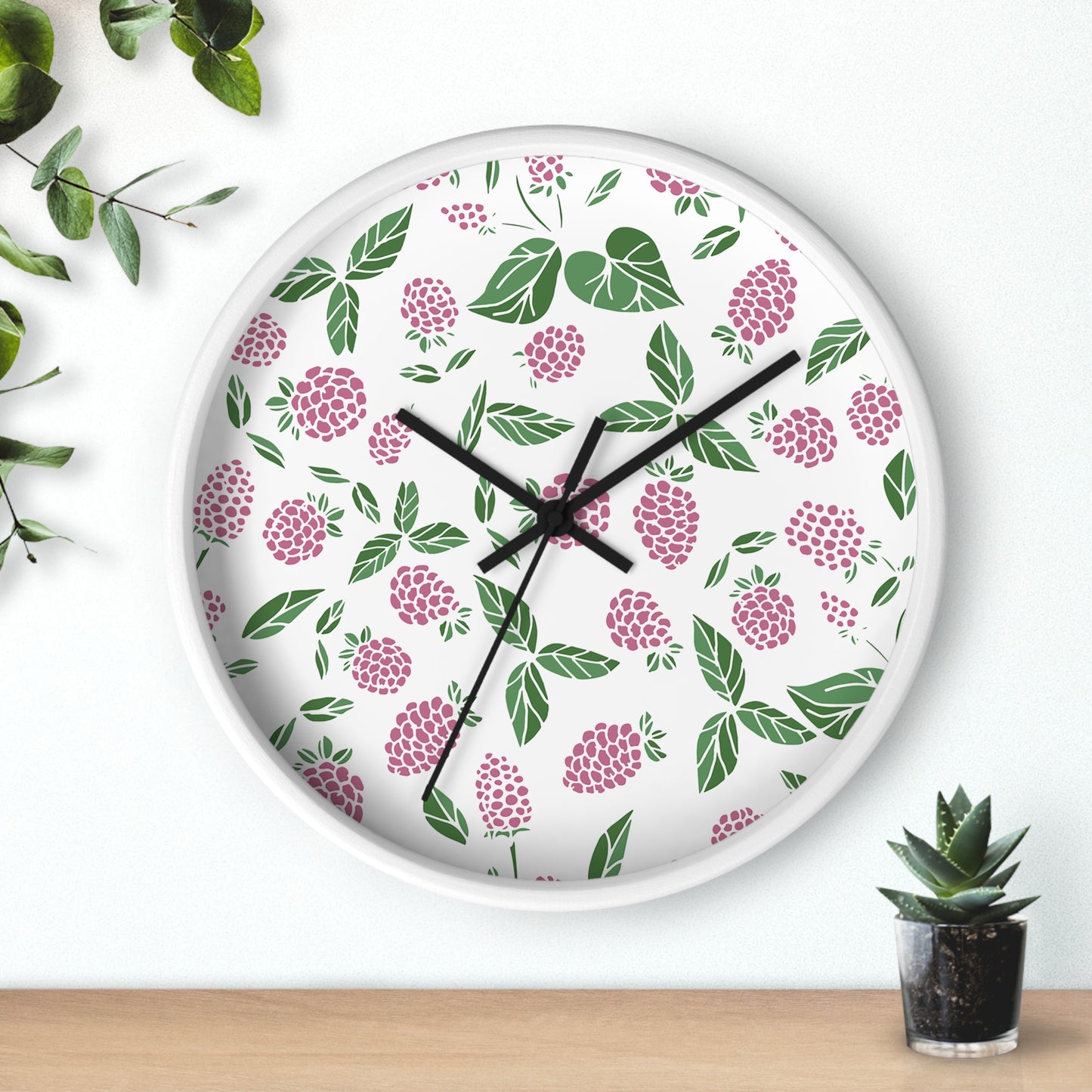 Pink Berry Wall Clock - Select from Black, White or Natural Wood Color