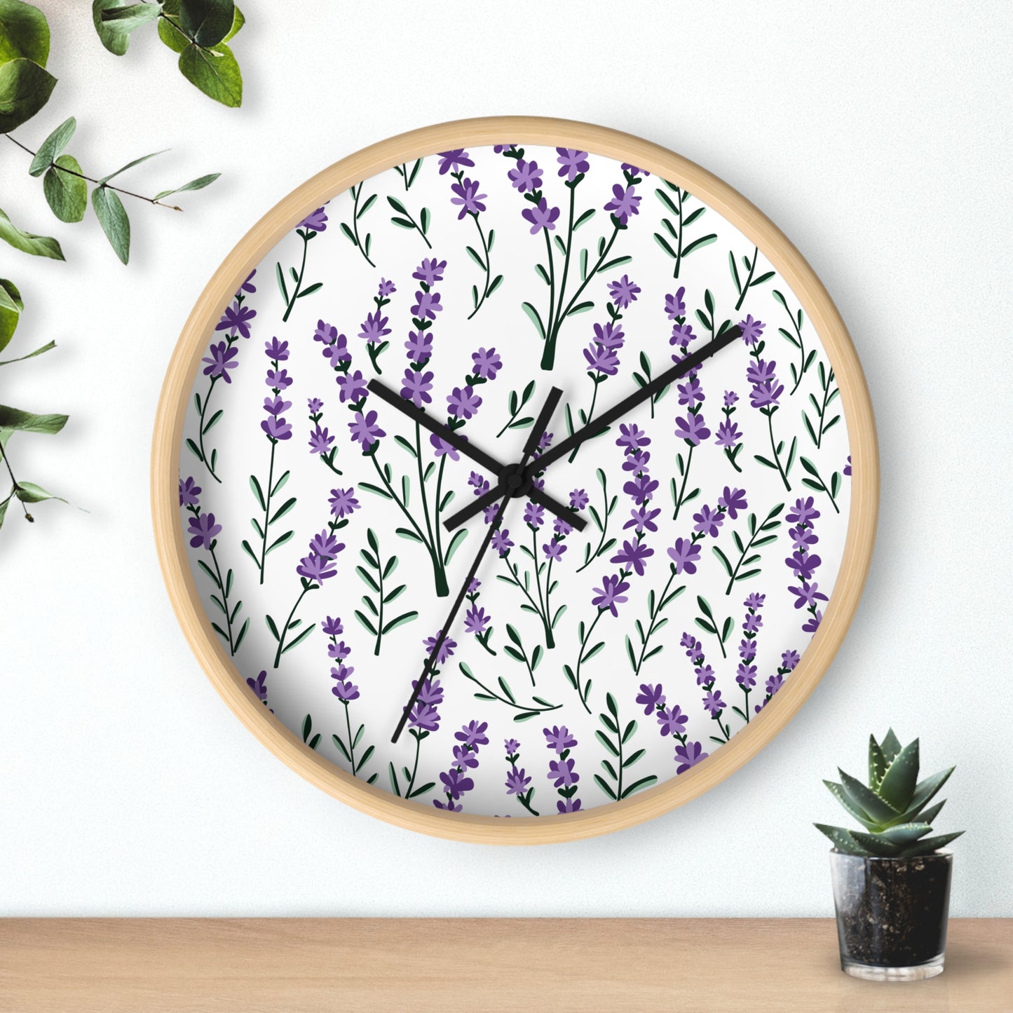 Lavender White Wall Clock - Select from Black, White or Natural Wood Color