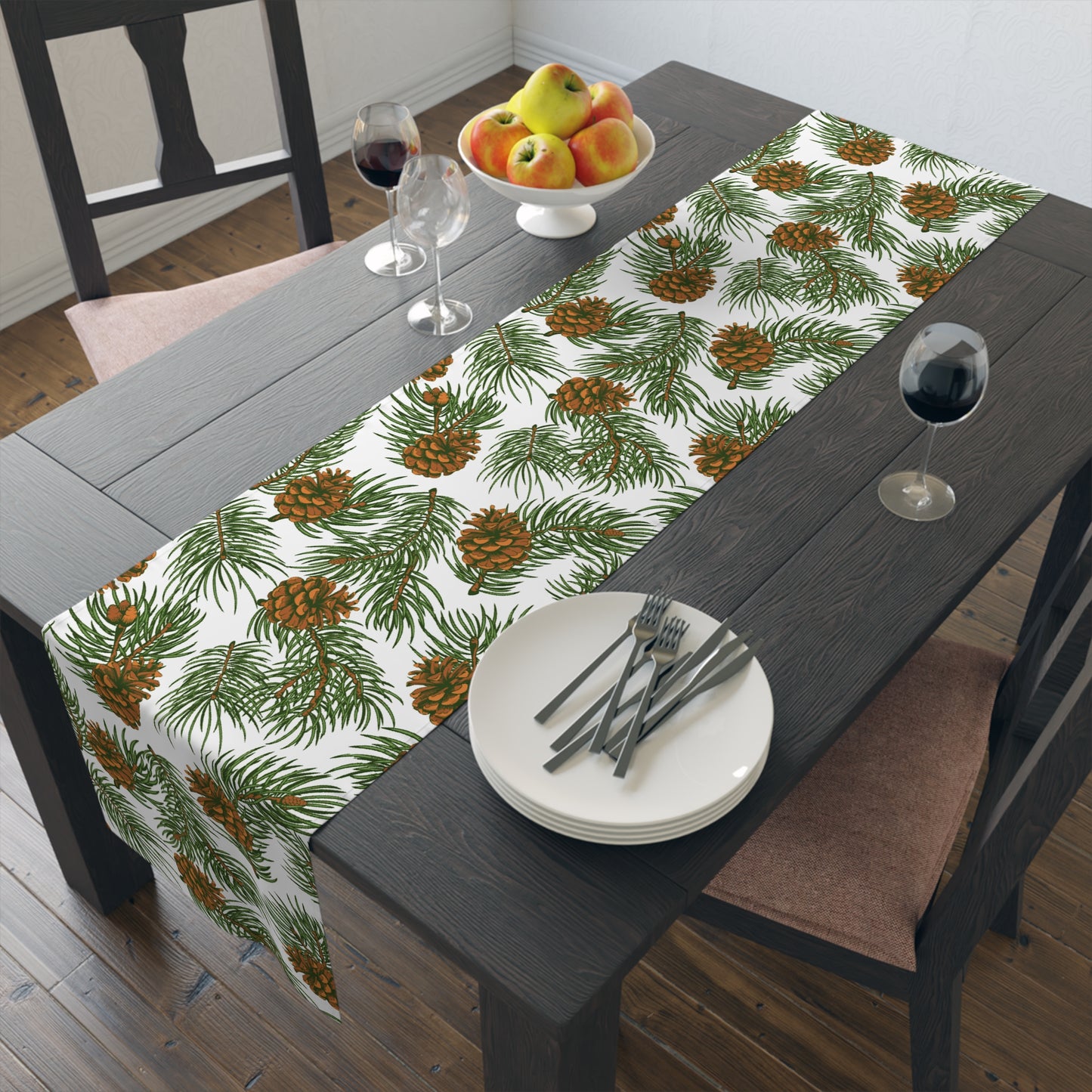 Needles & Cones Table Runner - 16" x 72" or 16" x 90" Size Options - Christmas Table Runner, Winter Table Decor, Holiday Table Runner - Cotton Twill or Polyester choices