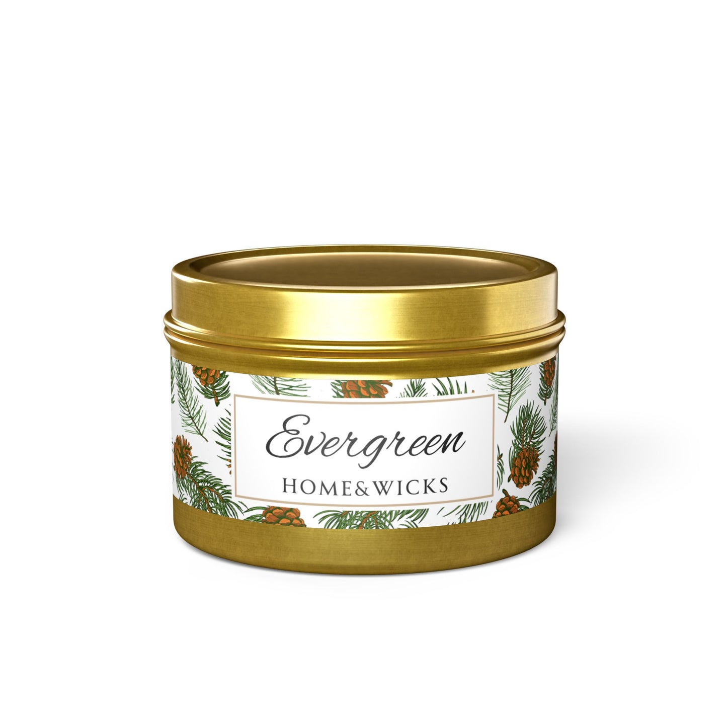 Evergreen Scented Coconut Soy Wax Candle, 4 oz. Gold Tin Jar with Lid - Winter Home Decor, Seasonal Candles for Holiday Celebrations, Christmas Candle