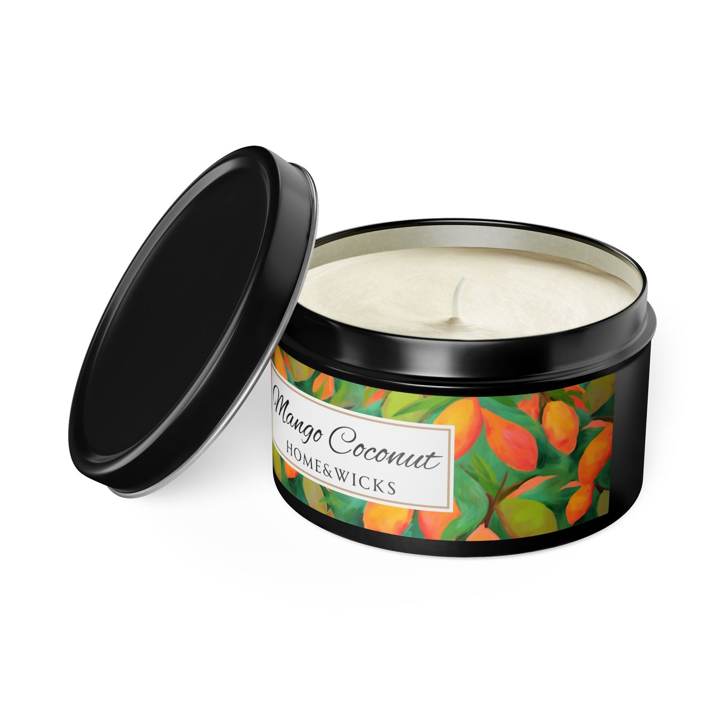 Mango Coconut Scented Coconut Apricot Wax Candle, 8 oz. Black Tin Jar with Lid - Fruity Candle, Gift for Her, Tropical Candle, Summer Decor