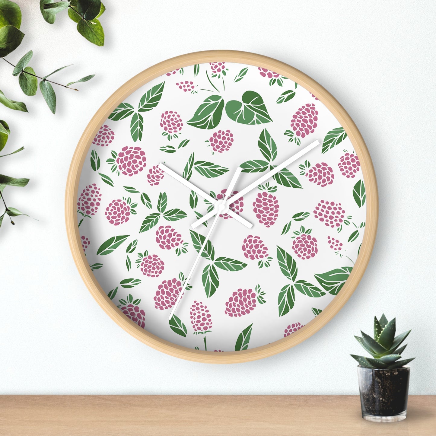 Pink Berry Wall Clock - Select from Black, White or Natural Wood Color