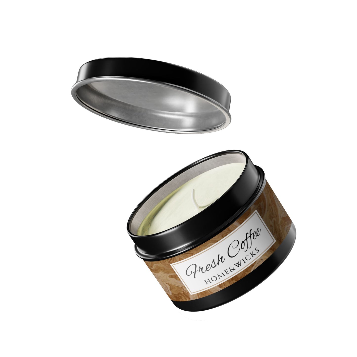 Fresh Coffee Scented Coconut Soy Wax Candle, 4 oz. Black Tin Jar with Lid - Cozy Home Decor, Garamond, Aromatherapy Gift, Relaxing Coffee Candle