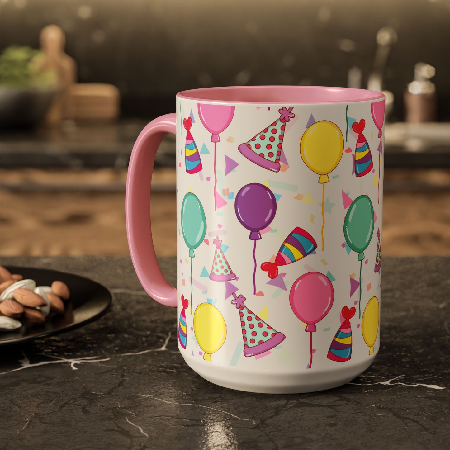Happy Birthday mug with pink accent color with birthday hats, confetti and balloons pattern on a white background on a dark table