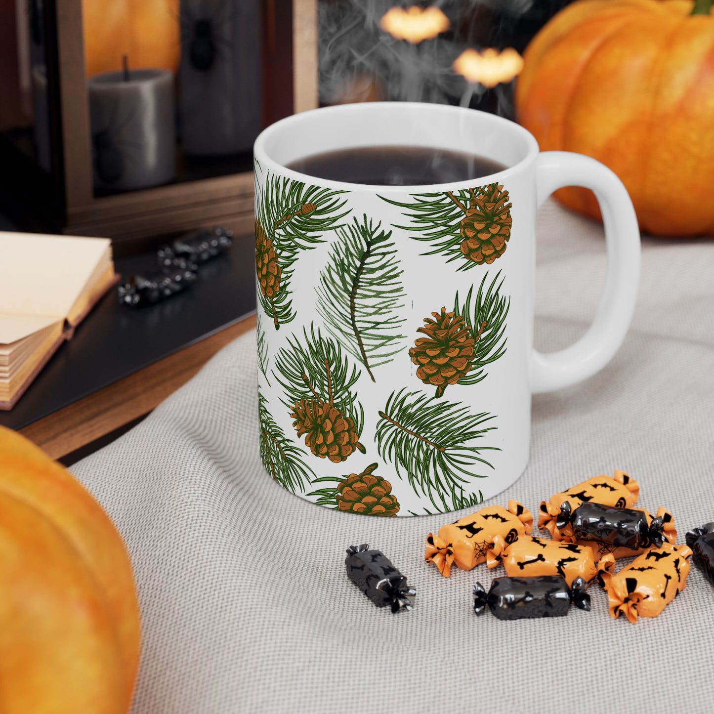 Needles & Cones Ceramic Mug - 11 oz. & 15 oz. options, Christmas Coffee Cup, Holiday Gift, Christmas Mug