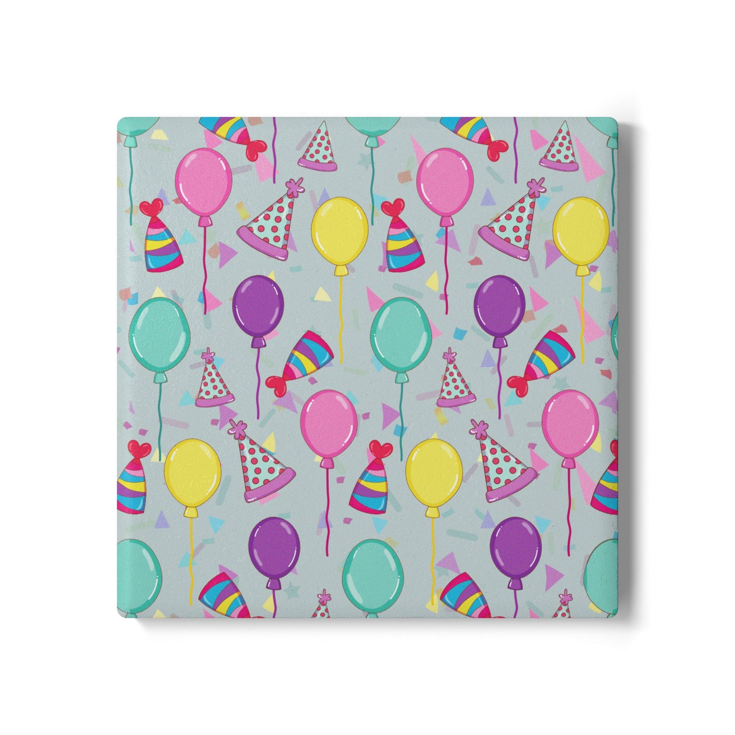 Happy Birthday square ceramic tile coaster with with birthday hats, confetti and balloons pattern with a blue-green light cyan background on white background