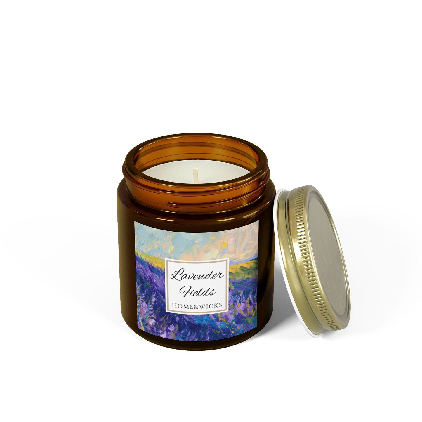 Lavender Fields Scented Coconut Apricot Wax Candle, 4 oz. Amber Jar with Gold Lid - Lavender Scented Candle, Home Decor, Spa Floral Candle