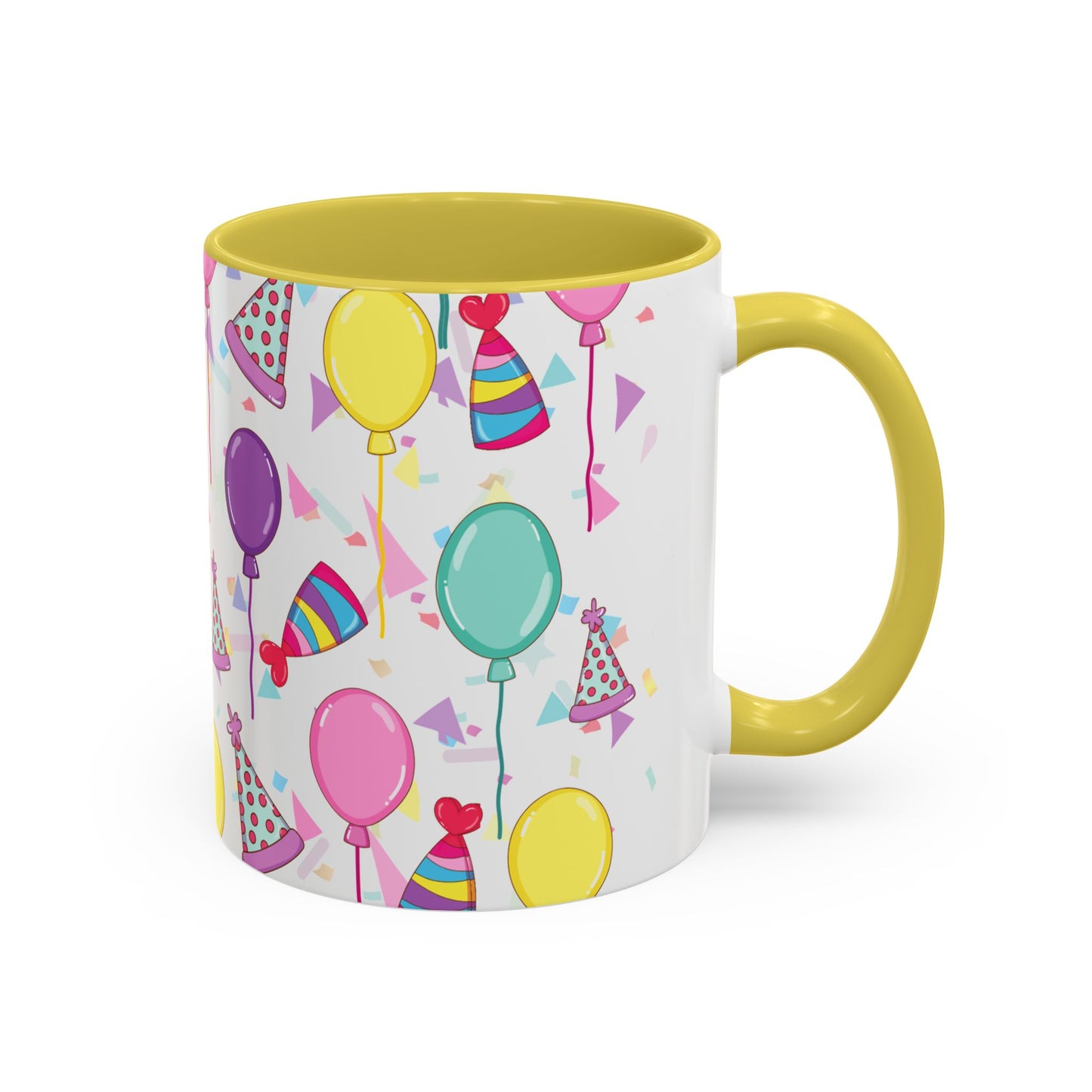 Happy Birthday mug with yellow accent color with birthday hats, confetti and balloons pattern on a white background