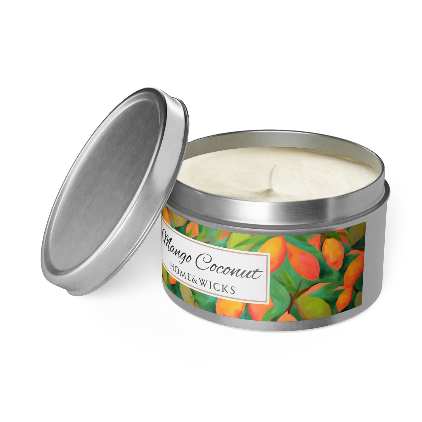Mango Coconut Scented Coconut Apricot Wax Candle, 8 oz. Silver Tin Jar with Lid - Fruity Candle, Gift for Her, Tropical Candle, Summer Decor