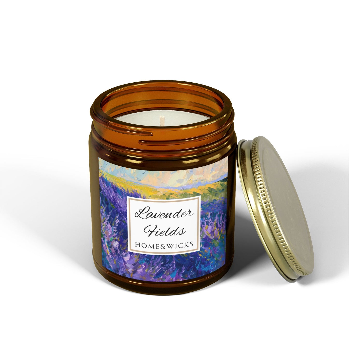 Lavender Fields Scented Coconut Apricot Wax Candle, 9 oz. Amber Jar with Gold Lid - Lavender Scented Candle, Home Decor, Spa Floral Candle