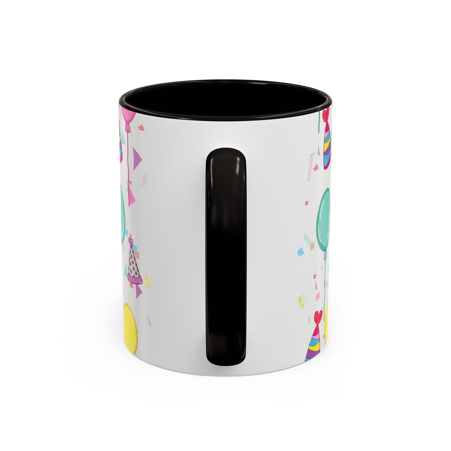 Happy Birthday mug with black accent color with birthday hats, confetti and balloons pattern on a white background